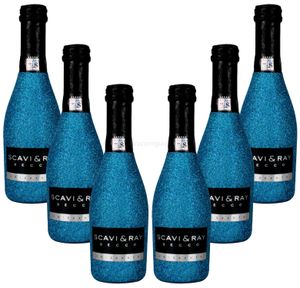 Scavi & Ray Secco Frizzante Piccolo 0,2l (10,5% Vol) Bling Bling Glitzerflasche in blau Aktion - 6 Stück (6x 0,2l = 1,2L) -[Enthält Sulfite]