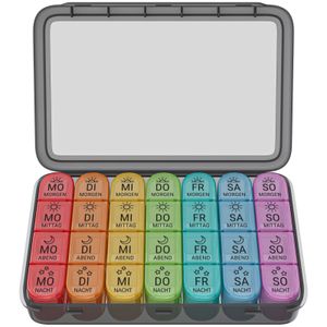 WELLGRO Tablettenbox für 7 Tage - Pillendose je 4 Fächer pro Tag - Klappdeckel mit Druckverschluss - Aufbewahrungsbox - BPA-freier Kunststoff, Farbe:Bunt