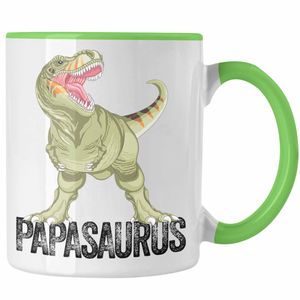 Trendation - Papasaurus Tasse Geschenk für Vater Papa Vatertag Lustiges Geschenk Dinosaurier  (Grün)