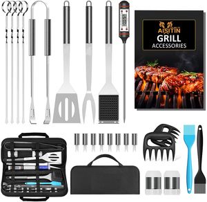Grillbesteck-Set 25 tlg, BBQ Grillbesteck Tool Set aus Edelstahl, mit Grillkoffer und Grillmatte, für Gartengrillfeste, Party, Camping