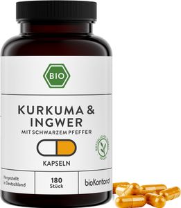 Kurkuma + Ingwer + Pfeffer Kapseln | 180 Stück | vegan und ohne Zusätze | bioKontor