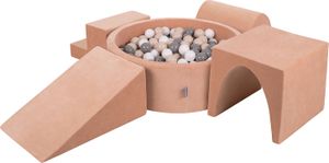 KiddyMoon Spielplatz Velvet Aus Schaumstoff Mit Samt Rund Bällebad (200 Bälle) Ballgruben Für Babys Spielbad Hindernisläufen, Hergestellt In Der EU, Wüstenrosa: Pastellbeige/Grau/Weiß