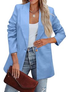 Damen Blazer ein einzelner Button Business Jackets Büro Einfarbige Cardigan Jacke Plain Revers Outwear Blau, Größe:Xxl