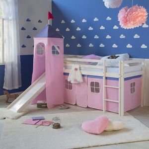 Homestyle4u 1551, Detská podkrovná posteľ so šmykľavkou, rebríkom, vežou, závesom Pink Rose, masívne drevo biela borovica, 90x200 cm
