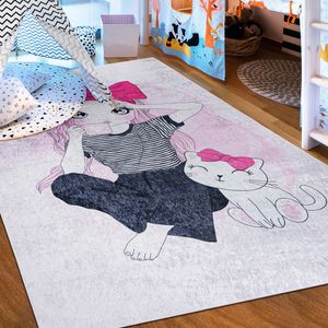 Mazovia Kinderzimmerteppich Antirutsch - Waschbar bis 30 Grad - Mädchen und Katze - Kurzflor Kinderteppich Teppich für Kinderzimmer -   - Teppiche Mädchen Rosa Pink Grau 140 x 200 cm
