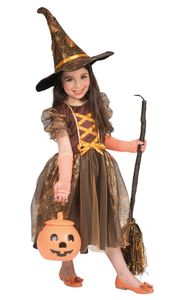 Hexen Kostüm "Autumn" für Mädchen - Braun Orange | Glitzer Kinderkostüm Hexenhut Größe: 128