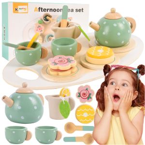 MalPlay Kinder Teeservice, Holzspielzeug Teekanne, Teeset für Kinder ab 3 Jahren, Holz Zubehör, Rollenspiele Kuchenspielzeug, Kindergeschirr