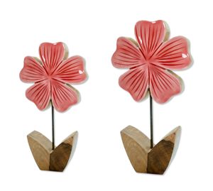 Holz Figur Blume glasiert Dekofigur Tisch-Deko Holzblume Skulptur alt-rosa 2er Set - 21 und 26cm