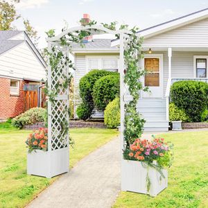 Oblouk na růže se 2 truhlíky na květiny, zahradní pergola z masivního dřeva, oblouk se zahradní mříží pro popínavé rostliny a košíkové rostliny, pomocná popínavá rostlina s truhlíkem na květiny, 183 x 42 x 200 cm, bílá