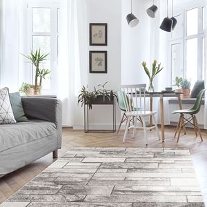 Teppich Wohnzimmer – Grau -  Kurzflor- Backstein Muster, Größe:140 x 200 cm