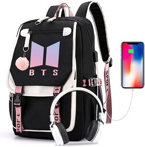 HiScooter Kpop BTS Schulrucksack Merchandise, mit USB- und Audiokabel-Schnittstellenbrechern, geeignet für Studenten, BTS Laptop-Rucksäcke und lässiger Rucksack