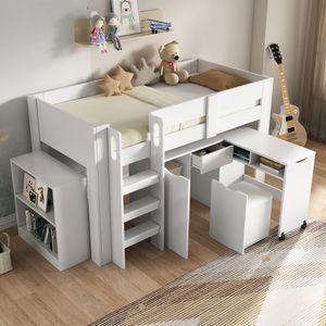 MODFU Hochbett Kinderbett 90x200cm mit Teleskopschreibtisch, mit herausnehmbarem Schran, Stockbett mit Schublade, Mit Stuhl inklusive PolyurethanKissen, mit regal Jugendbett Bettgestell, Weiß MODFU Hochbett Kinderbett 90x200cm mit Teleskopschreibtisch, mit herausnehmbarem Schran, Stockbett mit Schublade, Mit Stuhl inklusive PolyurethanKissen, mit regal Jugendbett Bettgestell, Weiß