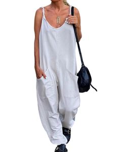 Damen Overalls mit Taschen Lange Hosen Lose Playsuit Boho Harem Pant Elegant Jumpsuit Weiß,Größe 5XL