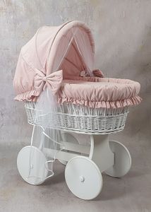 ♥ Babykorb Stubenwagen Weiß für Mädchen Babys Großen Rädern Komplett Set Puderrosa Haube mit Moskitonetz Bettwäsche Set und Matratze ♥