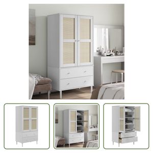 The Living Store Kleiderschrank SENJA Rattan-Optik Weiß 90x55x175 cm Kiefernholz