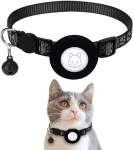 2 in 1 Airtag Katzenhalsband, 22-35cm Verstellbares Nylon Reflektierendes Hundehalsband mit Glocken Deko, Airtag Zubehör GPS Finder Haustiere Halsband, für Welpen, Katze -Schwarz