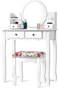 Súprava toaletného stolíka COSTWAY so stoličkou, kozmetický stolík s 360° otočným a odnímateľným zrkadlom, toaletný stolík so 4 zásuvkami a 2 policami (biely)