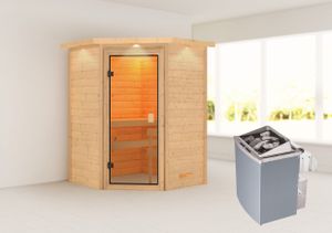 Woodfeeling Sauna Antonia (Eckeinstieg), Ganzglastür, bronziert, Ofen 9 kW integr. Steuerung