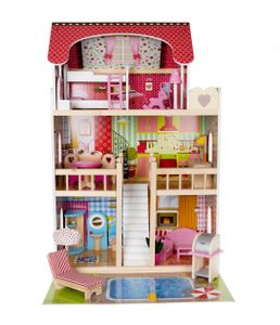 Puppenhaus mit Zubehör aus Holz Puppen-Villa Mädchen Spielzeug 11252, Muster:Mit Pool