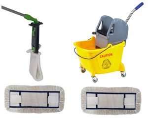 CleanSV® Wischset gelb Laschenmop 50 cm, Reinigungswagen 1 x 18 Liter Eimer, Presse, 1 Laschenmop Halter, 3 x Laschenmop Baumwollmop, Teleskopstiehl