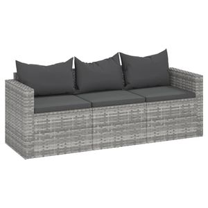 vidaXL Gartensofa 3-Sitzer mit Kissen Grau Poly Rattan