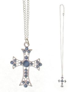 Kreuz-Anhänger mit blauen Glassteinen, Kette 31 cm