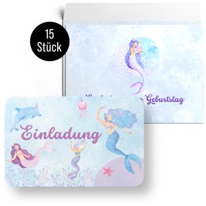 MAVANTO 15x Einladungskarten Kindergeburtstag Meerjungfrau mit Umschlägen - Süße Geburtstagseinladungen für Mädchen & Jungen