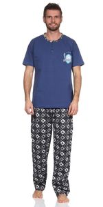 Herren Pyjama Baumwolle Schlafhose und Shirt kurz-arm Schlafanzug, Blau M