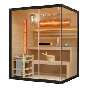 Artsauna Saunakabine Vantaa 150 mit Salzstein - Indoor Sauna 3 Personen - 4,5kW Ofen, Glasfront, LED Licht, Thermometer & Sanduhr - Komplett Set