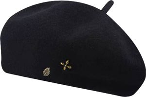 Damen Wintermütze Warme Barett Wollmütze, Vintage Weich Wolle Franzosen Baskenmütze, Farbe: Schwarz