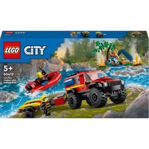 LEGO 60412 City Feuerwehrgeländewagen mit Rettungsboot, Offroad-Auto-Spielzeug für Kinder ab 5 Jahren, Rettungswagen mit Schlauchboot, Anhänger, Zelt und 3 Minifiguren, Geschenk für Jungs und Mädchen