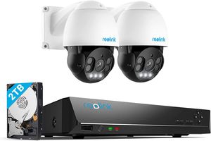 Reolink 4K PTZ Überwachungskamera Aussen Set mit  2X 8MP PoE IP Kamera und 2TB HDD NVR für 24/7 Aufnahme, Spotlight, Personen-/Fahrzeug-/Tiererkennung, Auto-Tracking, 2-Wege-Audio, RLN8-410+823A(2 Stück)