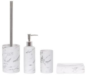 MSV Badezimmer Set, 4-teiliges Badzubehör aus Keramik Toscana Seifenspender, WC Bürste, Seifenschale und Zahnputzbecher Weiß Marmor
