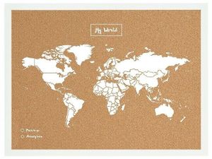 Kork Pinnwand Weltkarte 60x90cm mit weißem Weltkartenaufdruck in weißem MDF-Rahm