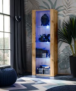 Komodee | Vitrine Schrank Tivoli mit 3 Regalböden, Korpus Wotan Matt Frontfarbe Wotan Matt, LED Blau