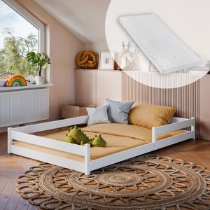 Kinderbett Bodenbett Bett mit Rausfallschutz & Lattenrost Montessori Bett Kinder Jugendbett Einzelbett mit Matratze | weiß Kiefer 120x200 cm