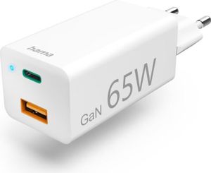 Schnellladegerät, GaN, 1x USB-C, 1x USB-A, Mini-Ladegerät, PD, 65 W, Weiß (00201643)