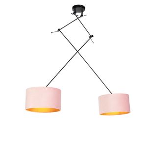 QAZQA - Landhaus I Vintage I Rustikal Hängelampe I Pendellampe I Pendelleuchte mit Samtschirmen rosa mit Gold I Messing 35 cm - Blitz II schwarzI 2-flammig I Wohnzimmer I Schlafzimmer - Textil Zylinde