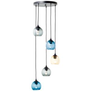 BRILLIANT moderne Pendelleuchte AMIRI | Pendelrondell mit Glasschirmen in blau, bernstein und grau rauch | 5x E14 Fassungen max. 25W | Metall/Glas