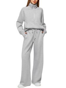 Damen 2-teiliges Outfit Lounge Set 2023 Übergroßes Half-Zip Sweatshirt Set Weites Bein Sweatpant Set Sweatsuit, Hellgrau, XXL