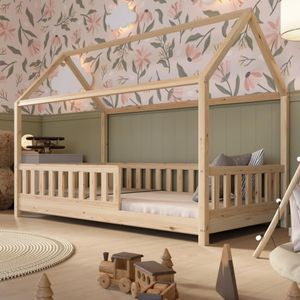 Crazy Pine Hausbett 100x200 cm – Kinderbett aus Naturholz – Montessori Bodenbett mit Höhenverstellbaren Beinen - Crazy Blanco