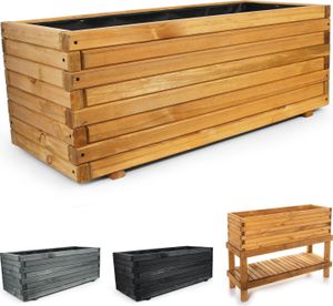 Pflanzkasten Holz mit Vlies 100x42x38cm naturbraun - XXL Blumenkasten rechteckig in 5 Größen aus imprägniertem Kiefernholz