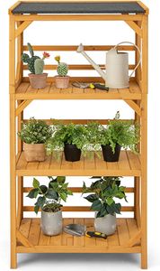 GOPLUS 3 Etagen Gartenregal, Pflanzenregal aus Holz mit Asphaltdach, Schutzschiene, Blumenständer Pflanzenständer für Garten & Balkon, Natur