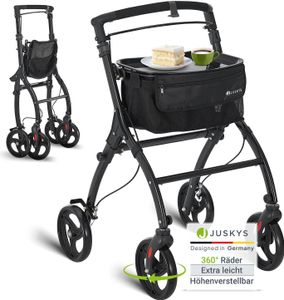 Juskys Indoor Rollator Aktiv - Tasche & Tablett - schmal & faltbar - Schwarz