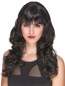 Deluxe Perücke schwarzes gewelltes Haar mit Pony
