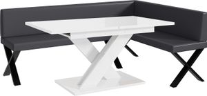 MEBLINI Eckbank für Esszimmer mit ausziehbarem Tisch  - Küchenbank - Essecke - Sitzecke Küche - TONI - X-Beine 142x196x87cm Rechts - Grau Kunstleder/B Weiß Hochgl.