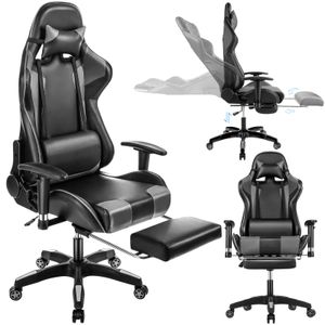 Gamingstuhl Bürostuhl ergonomisch Chefsessel, Belastbarkeit 150 kg, 90°-180° Drehstuhl, höhenverstellbar Computerstuhl Schreibtischstuhl mit Fußstütze aus Kunstleder, grau