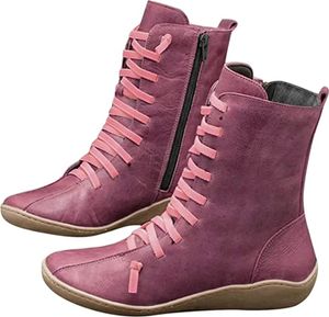 ASKSA Damen Stiefeletten Schnürstiefel Flach Halbschaft Winterstiefel Ankle Cowboy Boots, Rot, Größe: 39