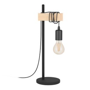 EGLO Tischlampe Townshend, 1 flammige Vintage Tischleuchte im Industrial Design, Retro Lampe, Nachttischlampe aus Stahl und Holz, E27, inkl. Schalter