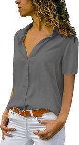 ASKSA Damen Bluse Chiffon Elegant Kurzarm Oberteile Einfarbig V-Ausschnitt Lose Hemdbluse T-Shirt Tops, Grau, XL
